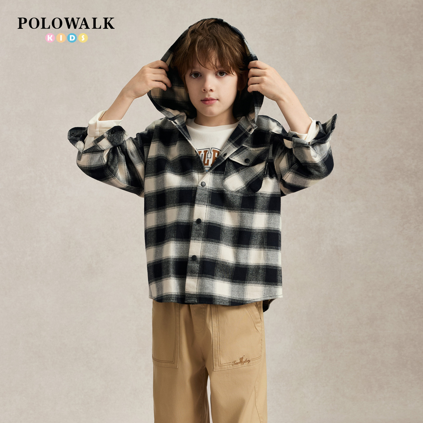 【100%棉】POLOWALK童装2026秋季新品男童长袖衬衫连帽格纹衬衫