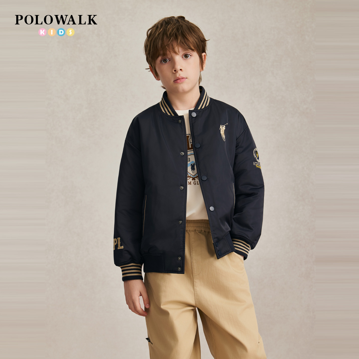 POLOWALK男童撞色棒球领棉服2026秋冬新款马仔刺绣儿童棒球棉衣