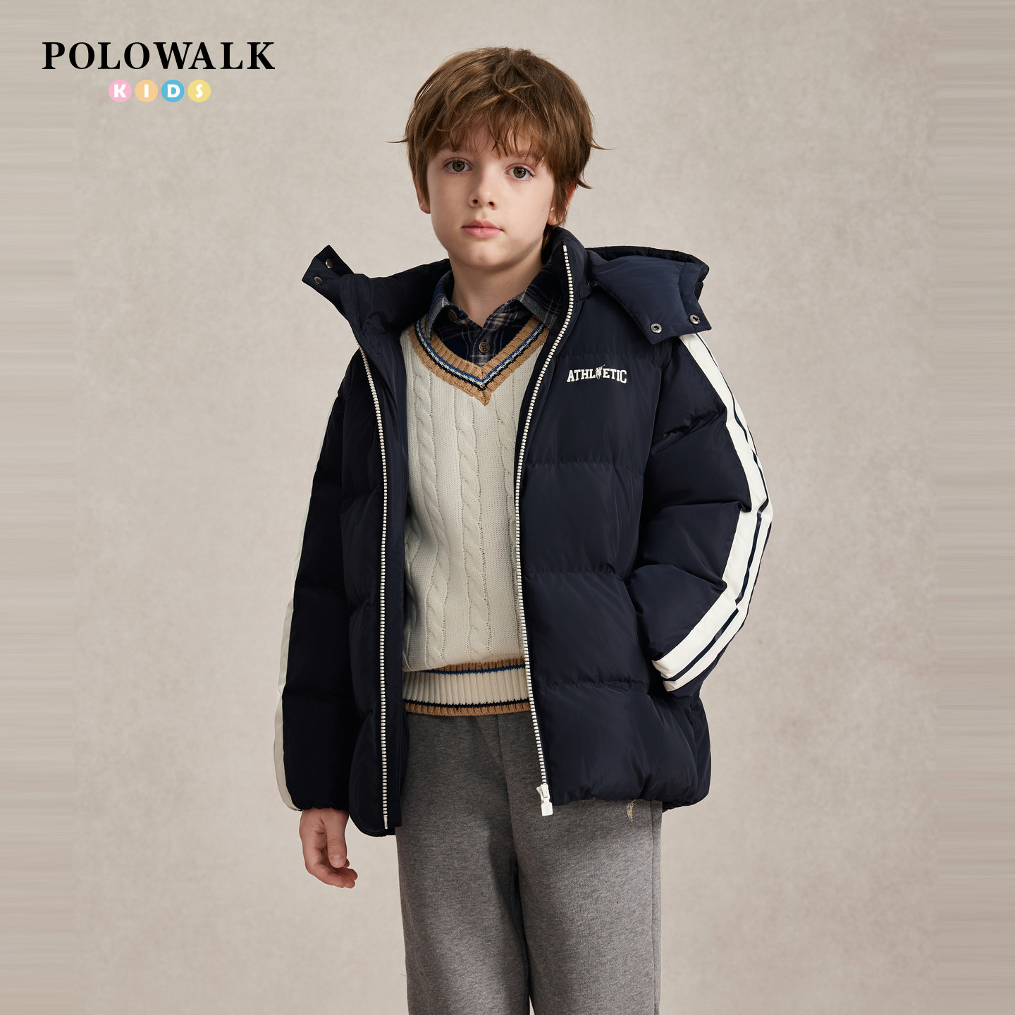 POLOWALK童装2026冬季新品男童羽绒服经典短款外套保暖连帽上衣
