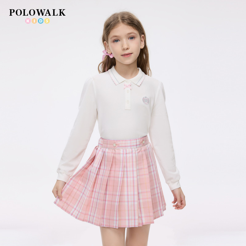 POLOWALK童装女童T恤2026春季新品女童长袖POLO领休闲百搭打底衫