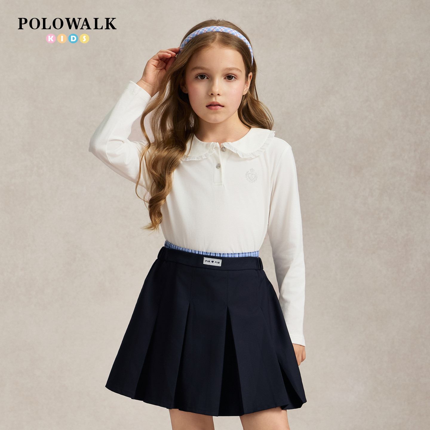 【100%棉】POLOWALK童装2026秋季新品女童长袖T恤可爱娃娃领打底