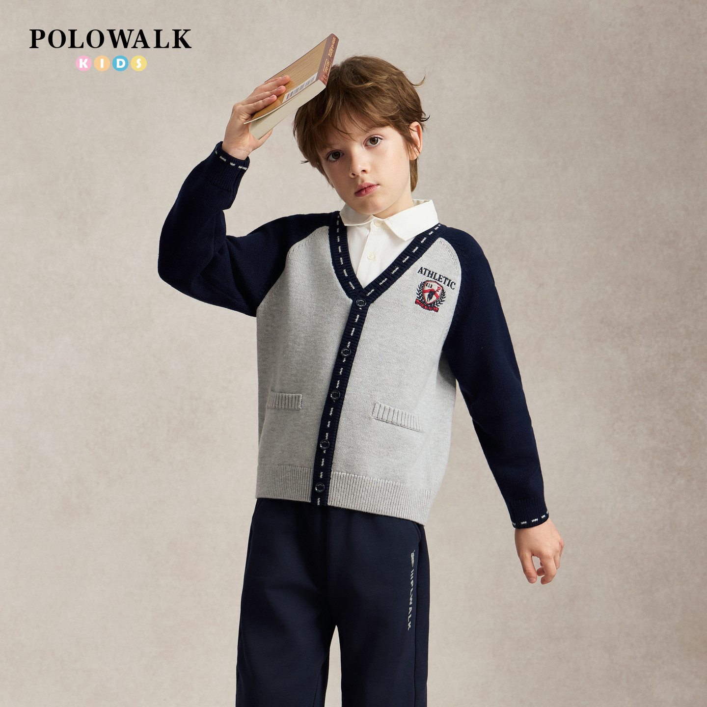 POLOWALK男童针织衫2026秋季假两件衬衫领拼接中大童刺绣针织毛衣