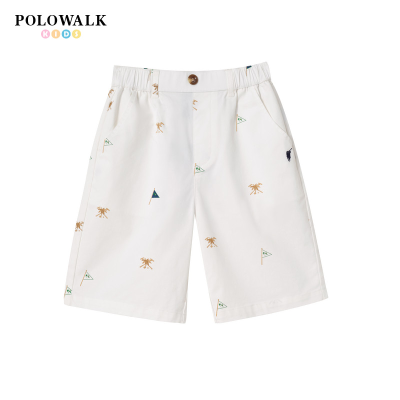 POLOWALK童装男童短裤2026夏季新品中大童白色印花百搭休闲裤