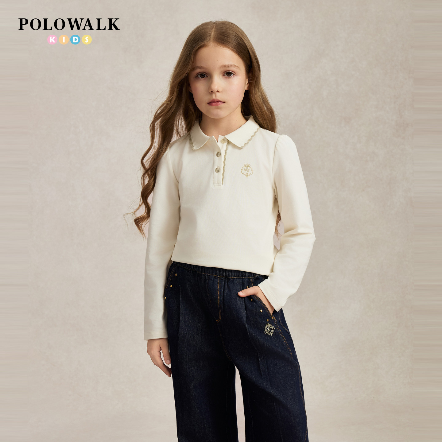 POLOWALK童装2026秋季新品女童长袖T恤学院风polo领儿童打底衫