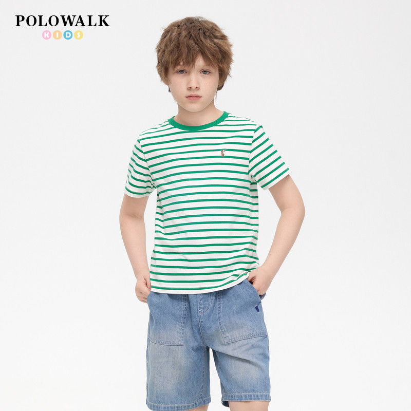 【100%棉】POLOWALK童装男童短袖T恤26夏季新品条纹儿童圆领上衣