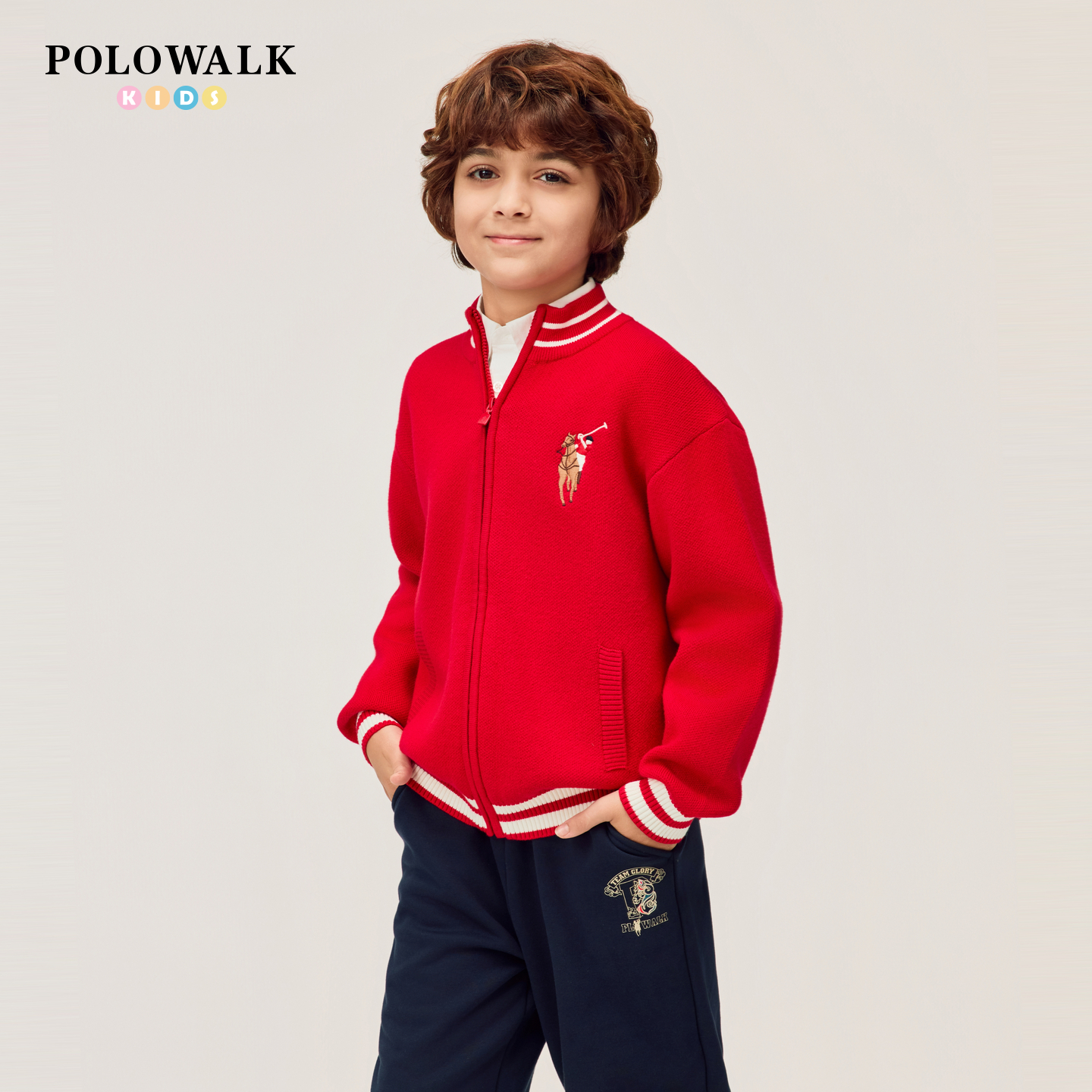 【新年款】POLOWALK童装男童针织衫2026新品撞色条纹毛衣立领外套
