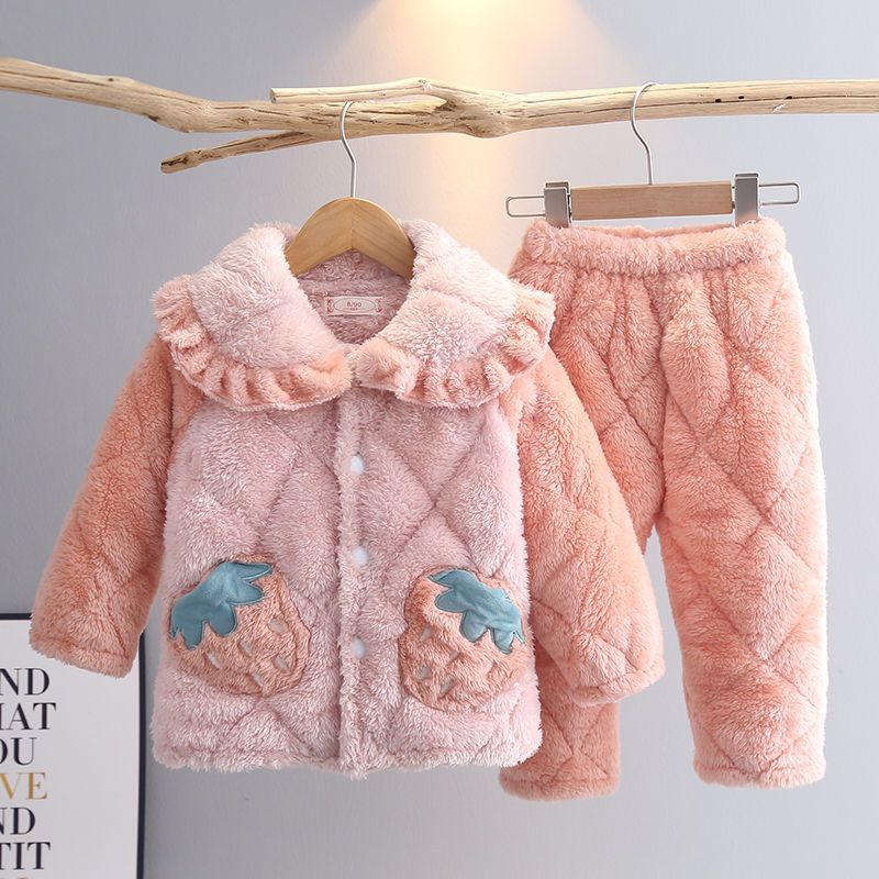 冬季三层加厚夹棉儿童睡衣宝宝女孩女童大童珊瑚绒保暖家居服套装