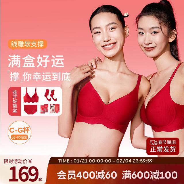 奶糖派线雕红品礼盒大胸显小舒适无钢圈无痕提拉红色内衣本命年女