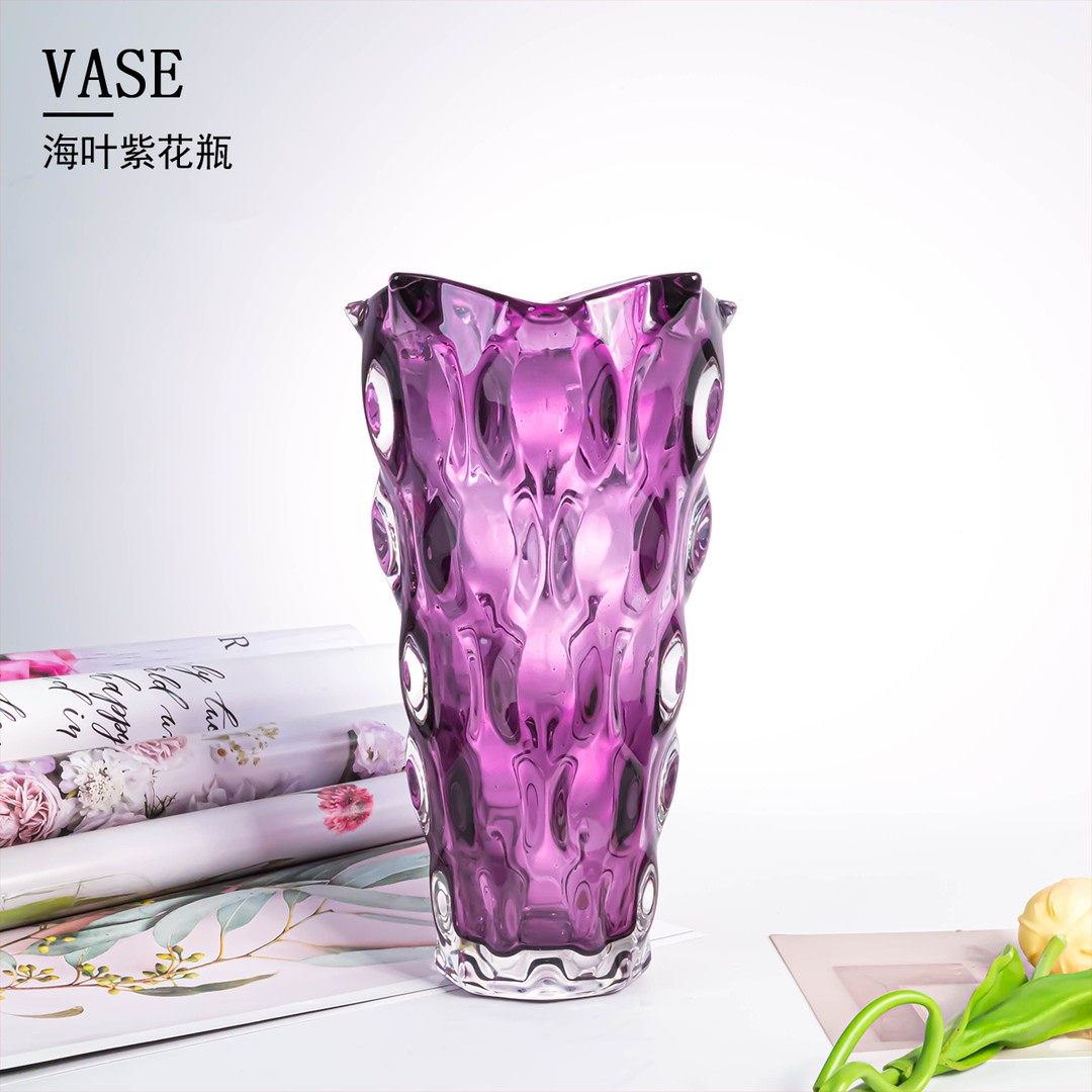 B233欧式紫色花口玻璃花瓶轻奢高级感透明琉璃客厅插花家居摆件,家居饰品,装饰摆件,淘宝优惠券,粉丝福利购,淘宝优惠卷