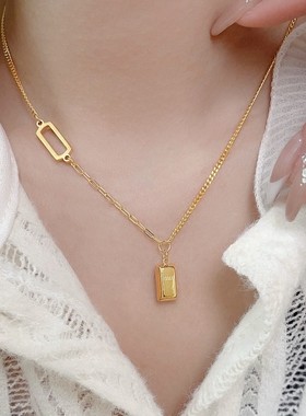钛钢项链 暴富金色小方块项链女款时尚气质不掉色高级感轻奢项链