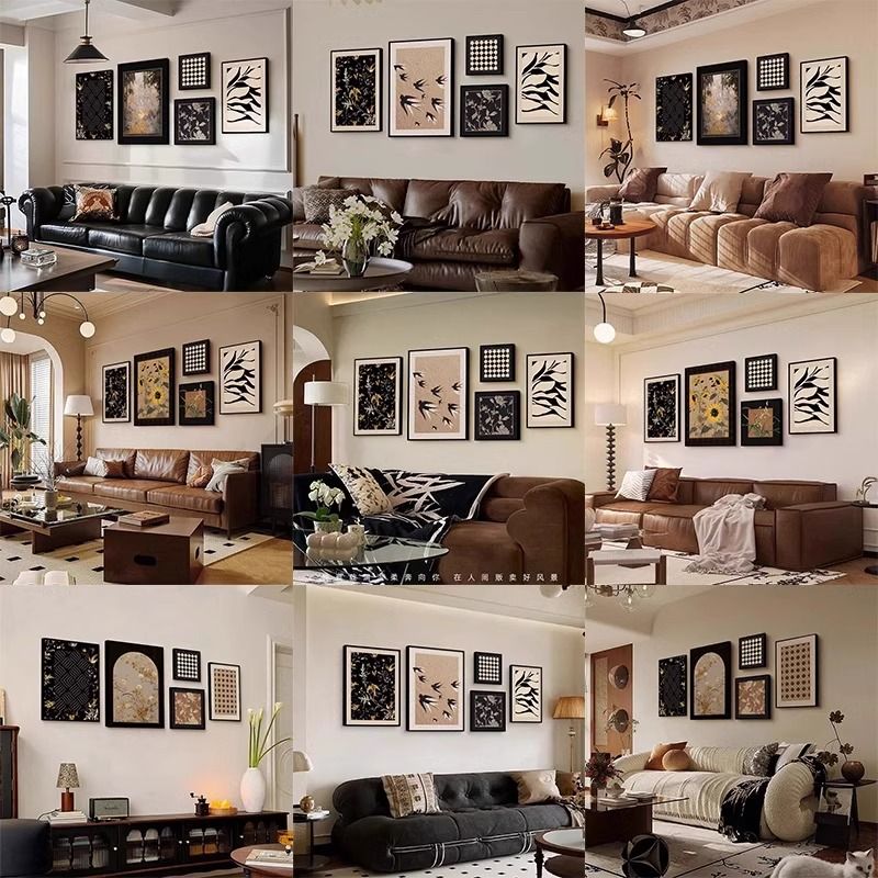 中古风客厅组合装饰画法式复古挂画美式高级感沙发背景墙艺术壁画图片
