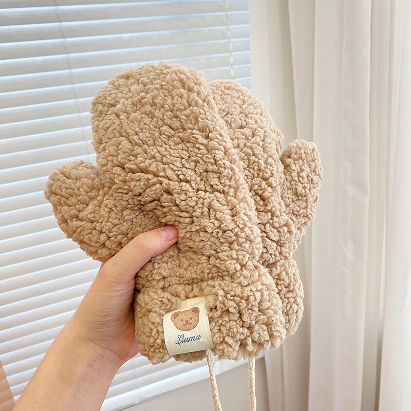 秋冬季小熊毛绒手套女学生挂脖保暖加厚卡通奶白棕色手套可爱