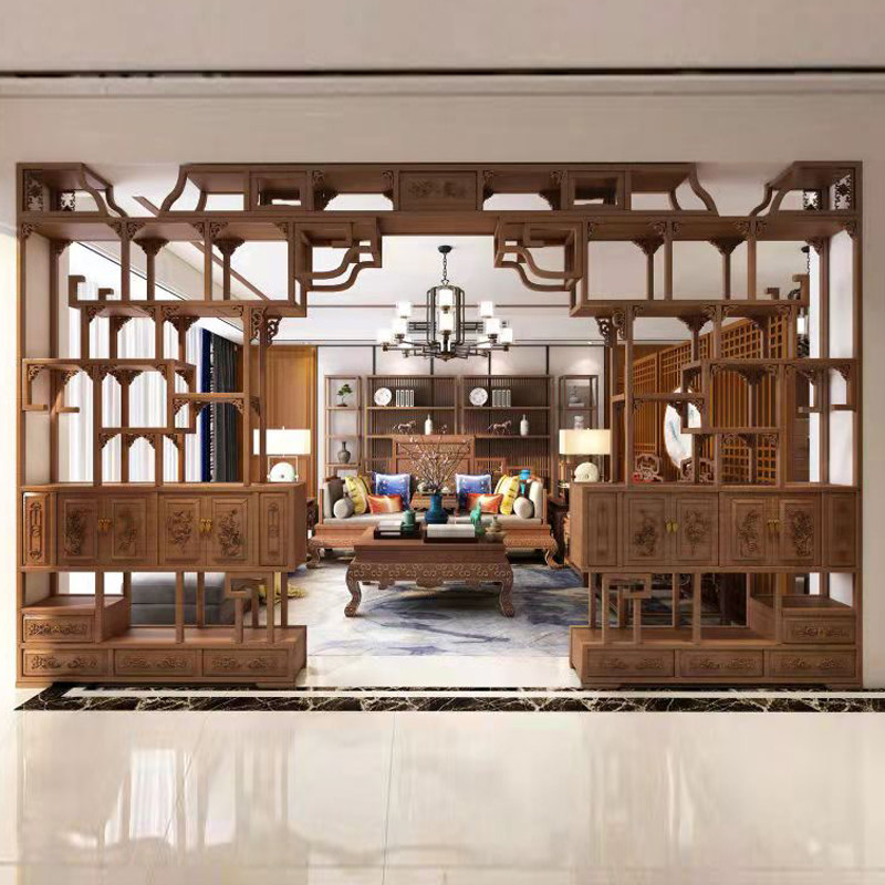 定制实木新中式伸缩隔断月洞门背景墙客厅中式古董架月亮圆门