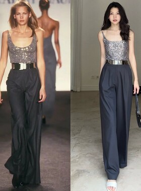 郭九九呢 复古摩登时髦U领珠片背心高腰西装阔腿裤腰带G924A04327