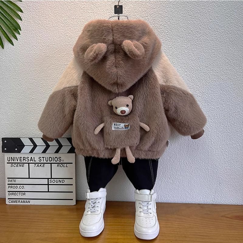 儿童加绒外套男童冬装貂毛派克服小童加厚加绒棉衣可爱宝宝毛毛衣