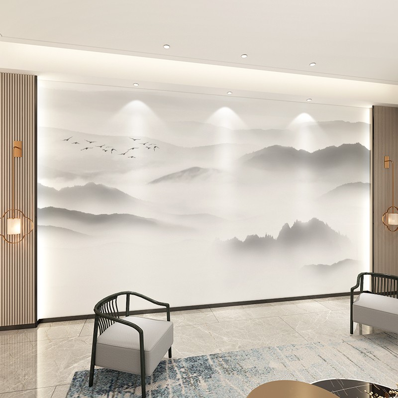 定制新中式电视背景墙壁画2025新款原创山水墨画客厅壁布卧室墙纸