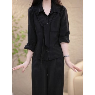 条纹洋气时尚休闲套装2025秋季新款上衣裤子遮肚俩件套女装