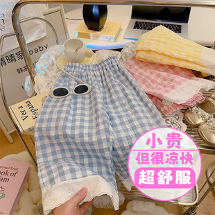 裤 休闲裤 女童夏季 子儿童新款 女宝薄款 轻薄透气蕾丝花边防蚊裤 时尚