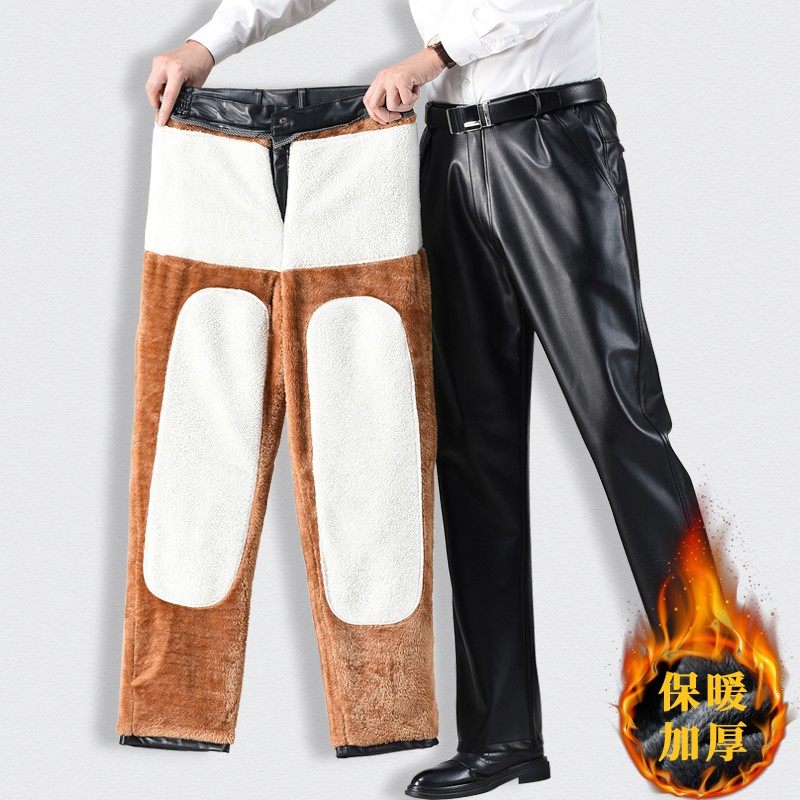 冬季皮裤男士骑手加厚防风代驾外卖摩托骑行中老年爸爸保暖裤宽松