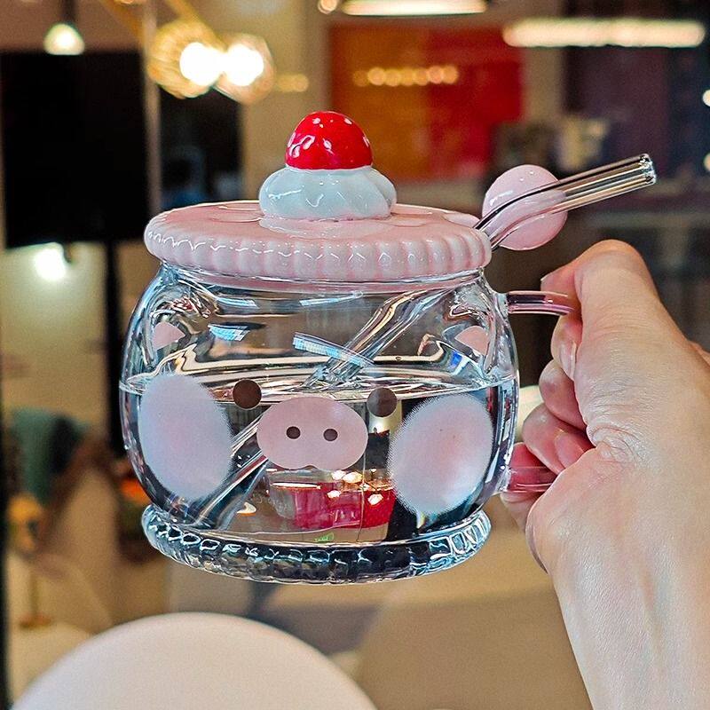 可爱大容量吸管玻璃杯带盖高颜值耐高温办公室杯子喝水水杯家用