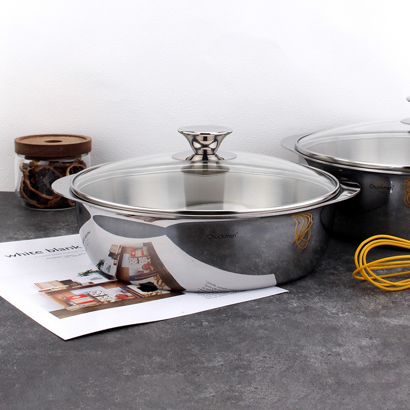 24/28CM笑脸火锅盆18/10不锈钢平底煎锅304干锅盘水果盛菜烤盘