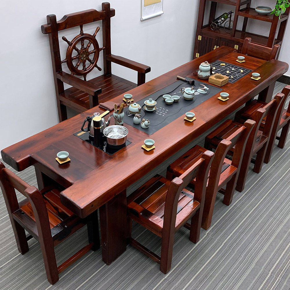 老船木茶台中式全实木茶几高档办公茶桌椅组合原木茶桌一体一整套