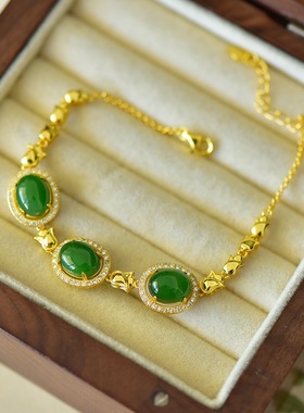 s925银镶和田玉碧玉手链15917-2百搭气质款复古轻奢民族风国风