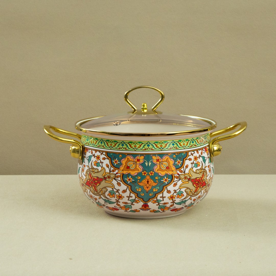 24cm俄罗斯花搪瓷珐琅汤锅金边玻璃盖