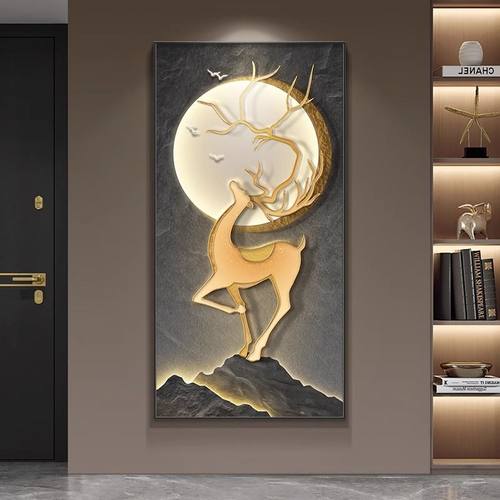 予梦世家玄关装饰画高级感入户壁画麋鹿现代客厅走廊过道挂画