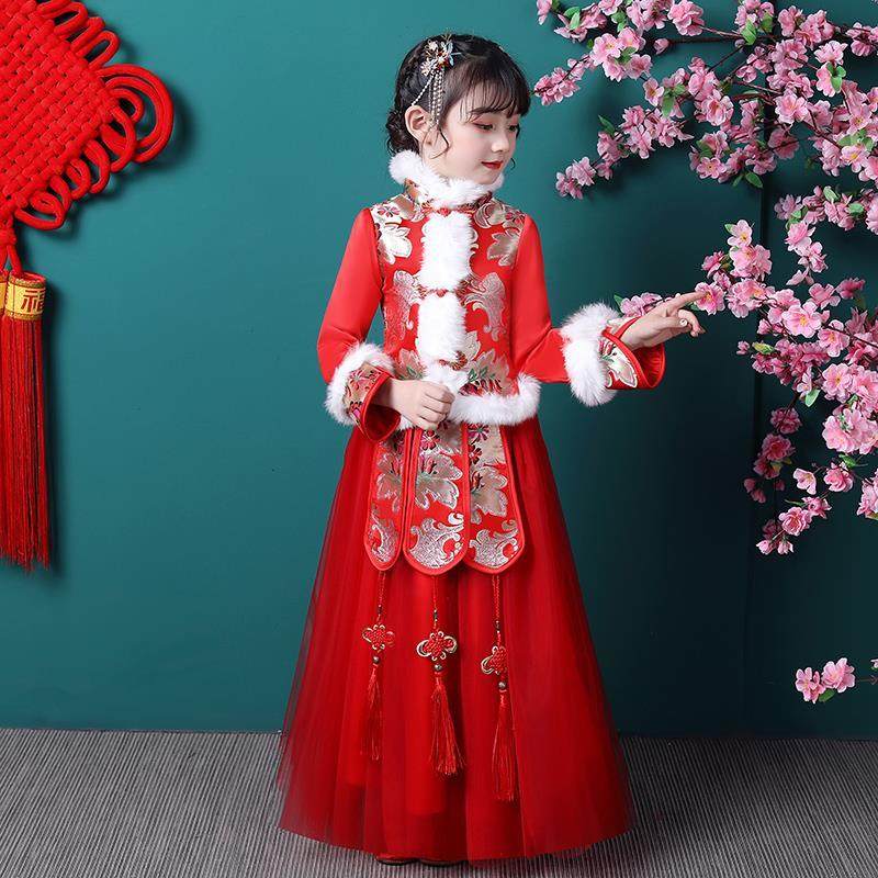 汉服女童儿童冬季唐装花童中式礼服宝宝过年装小女孩中国风拜年服