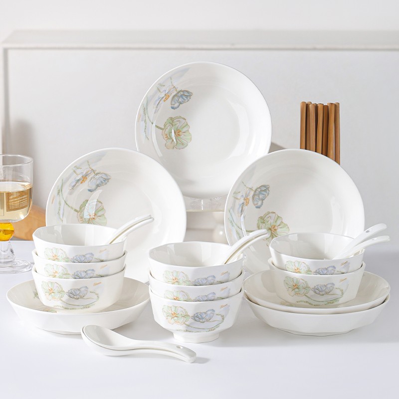 爱莲说8碗6盘1汤碗家用15件套简约中式陶瓷餐具吃饭碗菜盘子组合