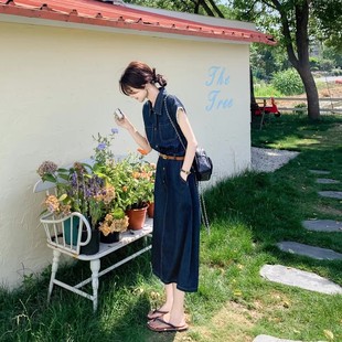 2025夏季 大方衬衫 女装 新款 裙深蓝色复古港风薄款 牛仔连衣裙女912