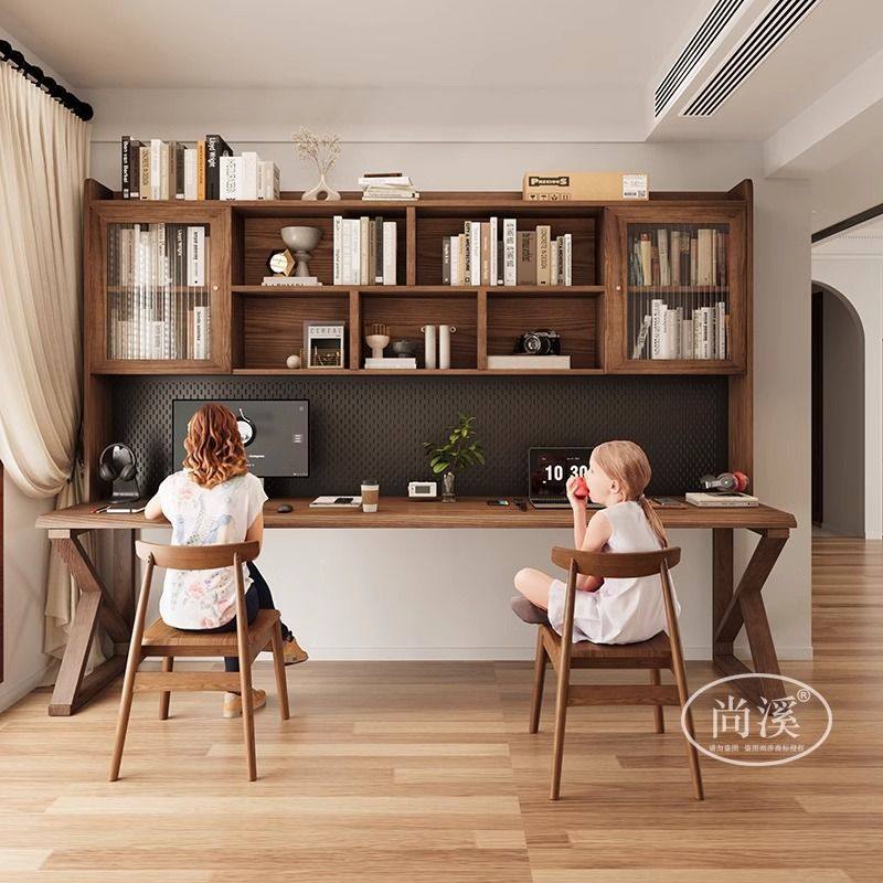 北欧简约实木书桌洞洞书架书柜家用双人组合工作台学生学习电脑桌