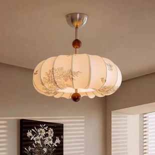 法式复古风卧室吊灯布艺花纹中古餐厅吊灯南洋实木侘寂风房间主灯