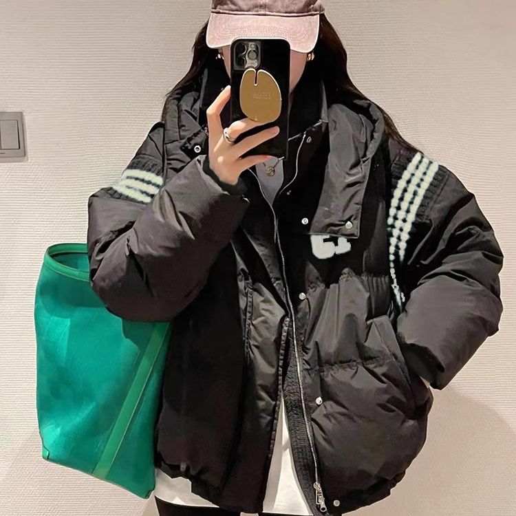 玫红色连帽立领羽绒棉服冬季新款针织拼接棉袄小个子宽松棉衣外套