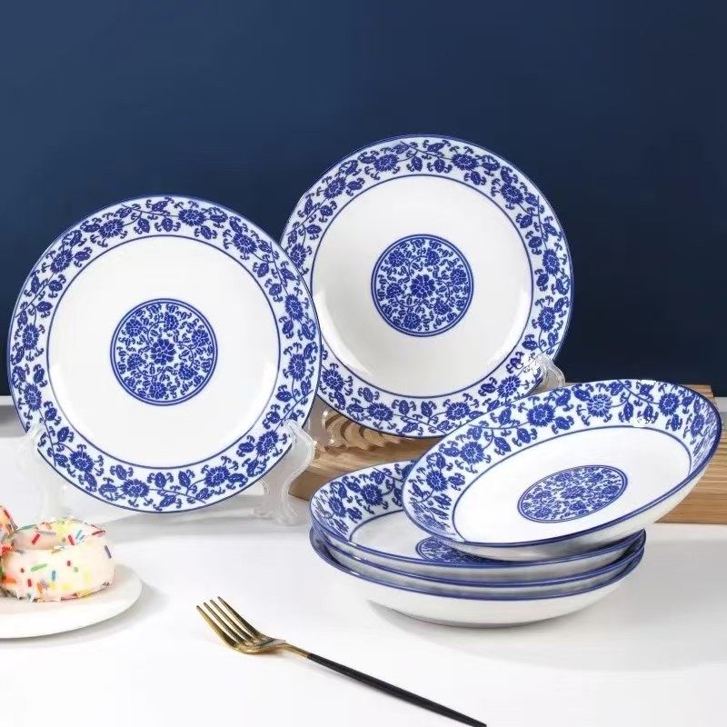 6只装8英寸青花瓷家用陶瓷盘子炒菜盘碟子凉菜盘冷菜盘水果盘