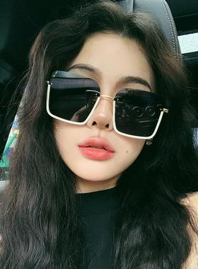 高级感女款白色半框防晒墨镜方形圆脸显脸瘦防紫外线个性太阳镜潮