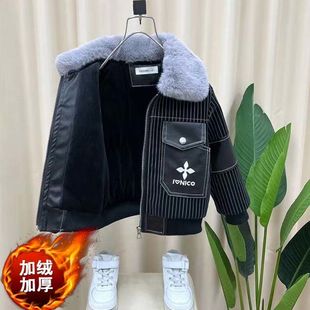 男童秋冬装 网红洋气宝宝儿童加厚保暖皮衣夹克潮 加绒外套2025新款