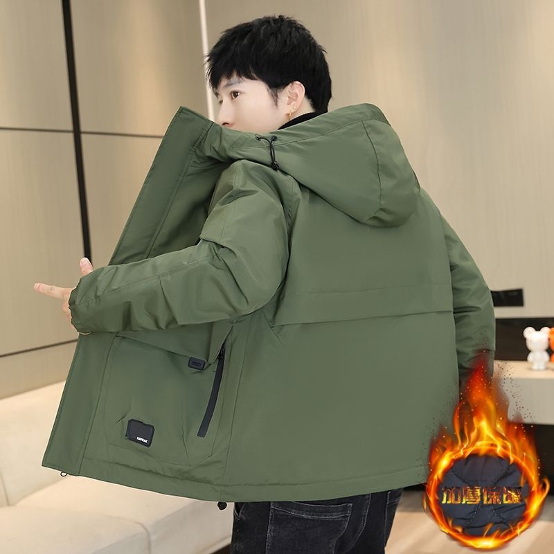二棉男装连帽冲锋衣款秋冬装2024新款加棉加厚外套男防风夹克棉服