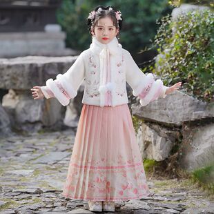 中国风儿童唐装汉服冬季加厚拜年服2023新款冬装女童马面裙套装新