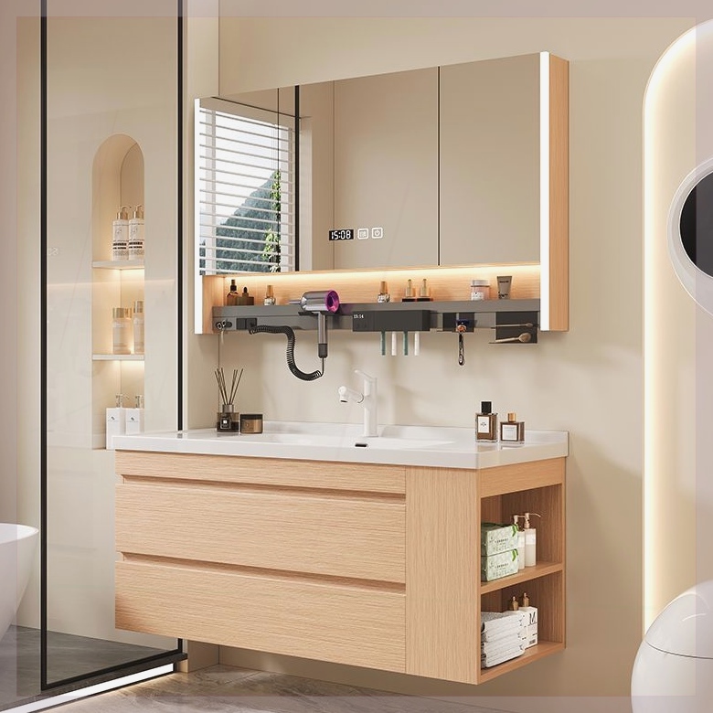 原木色浴室柜带侧边柜智能洗脸盆柜组合陶瓷一体盆洗漱台侧边收纳