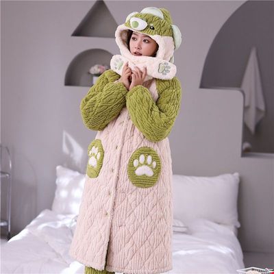 三层夹棉睡衣女秋冬珊瑚绒加绒加厚加裤可爱卡通长款睡袍两件套装