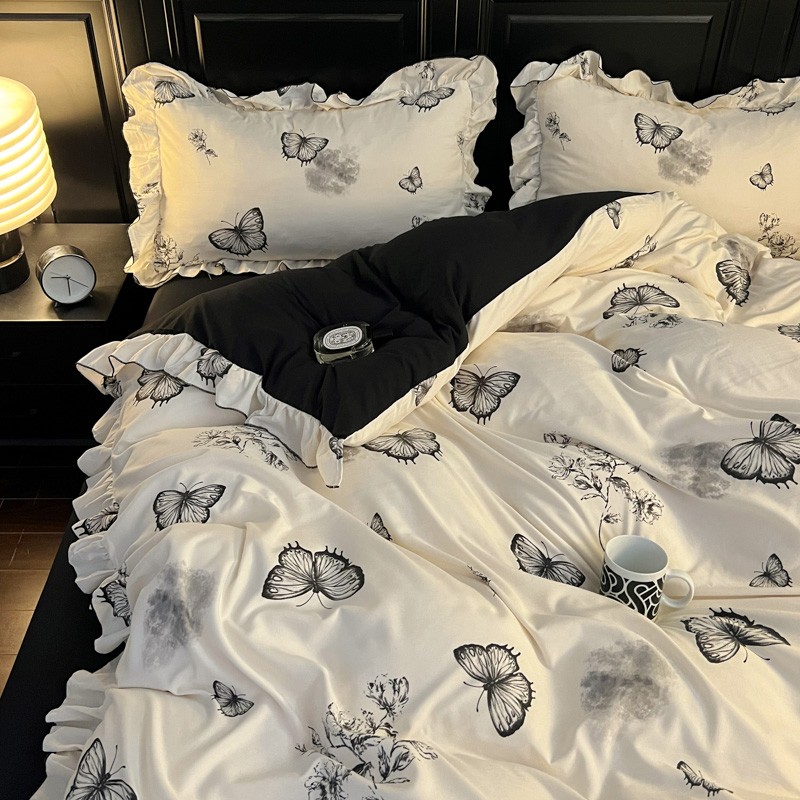 高颜值蝴蝶被罩四件套韩版少女心双人花边被套学生宿舍床单三件套