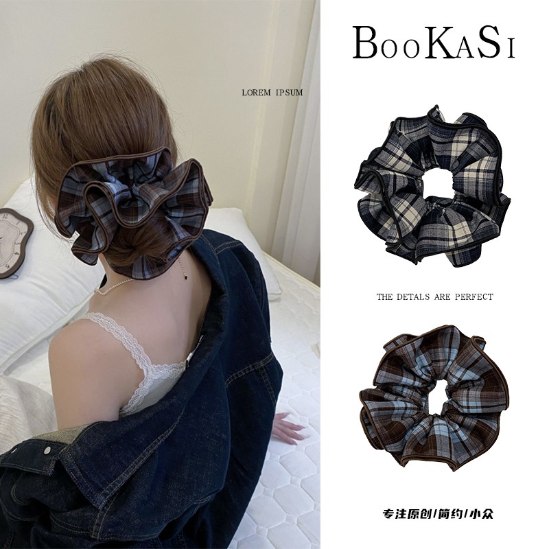 山夏格纹四层蓬松大肠圈秋冬新款气高级感复古法式C-33