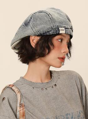 韩国进口IIING帽控 复古牛仔贝雷帽女夏百搭水洗做旧大头围显脸小