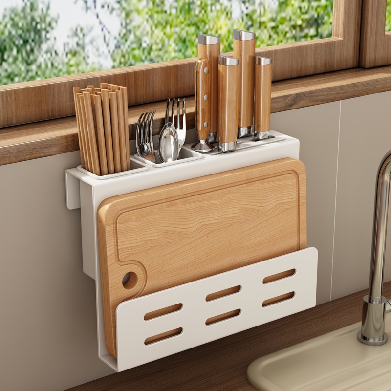 白色锅盖架壁挂式免打孔刀架一体不锈钢筷子筒刀具收纳砧板菜板架