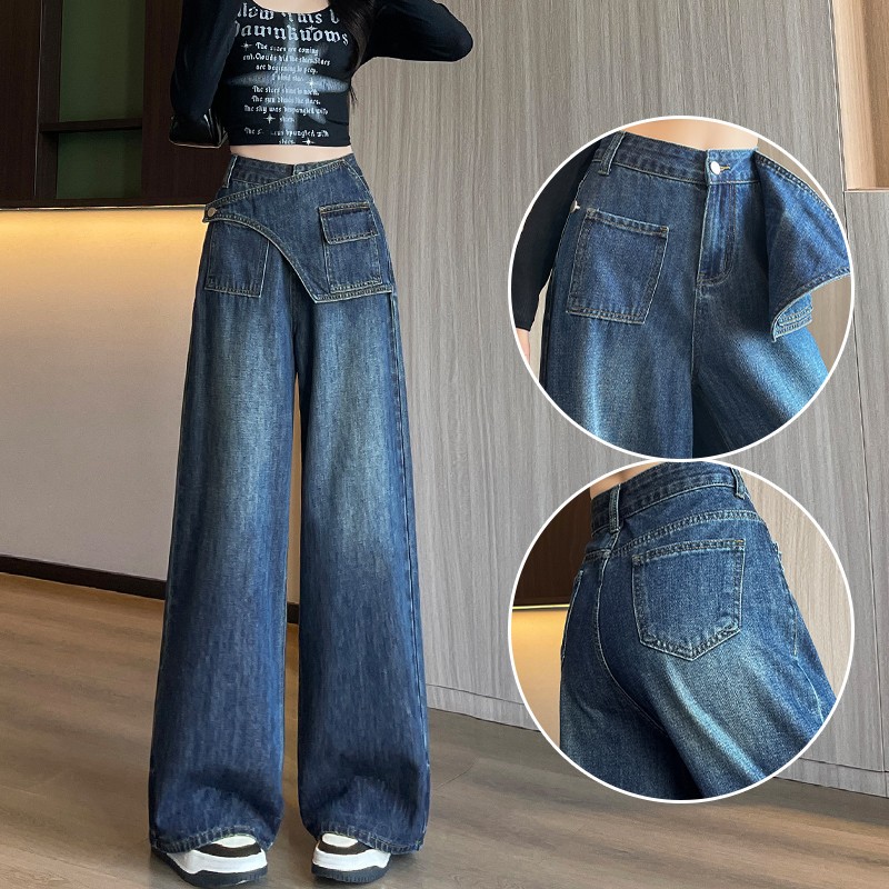 喜绚超火复古假两件阔腿牛仔裤女2025秋季流行宽松设计感直筒裤女