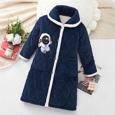 儿童睡袍男童冬季加绒加厚女童长款三层夹棉睡衣青少年中大童浴袍