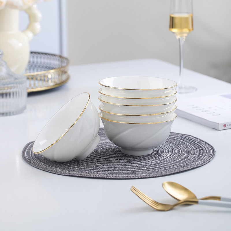 景德镇手工描金边骨瓷餐具陶瓷芙蓉米饭碗微波炉个性白色云雾面碗