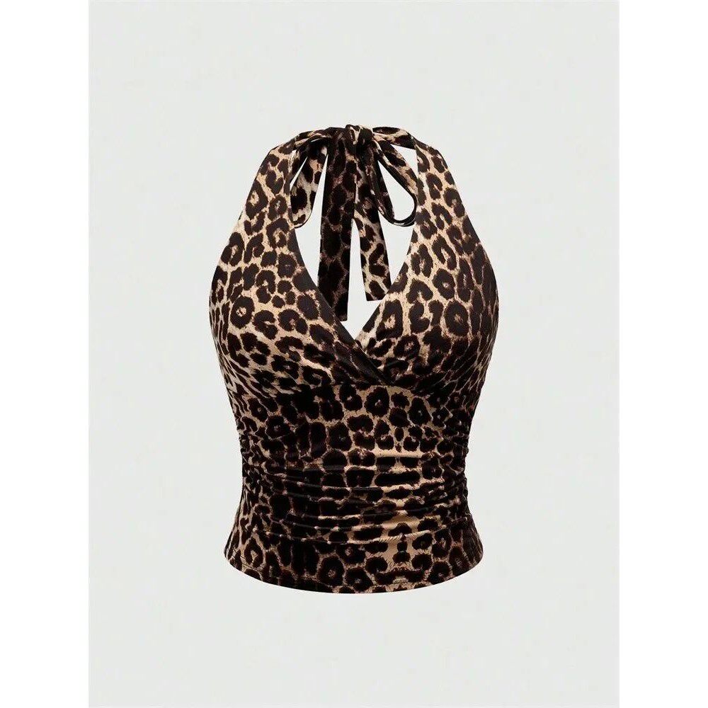 Leopard Printed V-neck Backless Halter Crop Top for Women Su